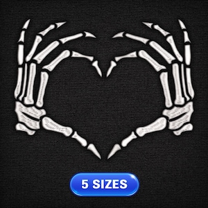 May include: White skeleton hands forming a heart shape on a black background. The text "5 SIZES" is on a blue button below the image.