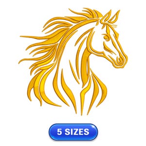 May include: A gold outline of a horse's head with a flowing mane. The horse is facing to the right. The image has the text "5 SIZES" in a blue rectangle.