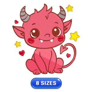 Może przedstawiać: Różowy diabeł z kreskówki z dużymi brązowymi oczami, małymi rogami i spiczastym ogonem. Diabeł otoczony jest żółtymi gwiazdami i czerwonymi sercami. Obraz zawiera tekst "8 ROZMIARÓW" w niebieskim owalu.
