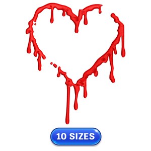 May include: A red heart shape with a dripping effect, set against a white background. The heart design has a textured appearance, with elongated drips. A blue button at the bottom reads "10 SIZES".