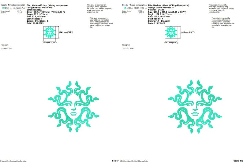 Pu&ograve; includere: Un disegno di ricamo digitale con una testa di Medusa stilizzata con serpenti e lineamenti del viso turchesi. Il disegno misura circa 195,2 x 194,9 mm. L'immagine include dettagli del disegno e informazioni sul file.