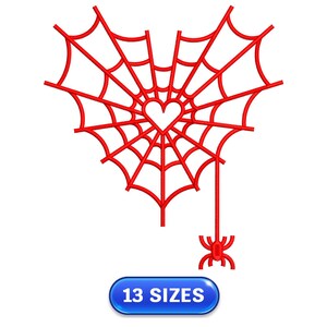 Puede incluir: Un diseño de telaraña roja en forma de corazón, con un corazón en el centro y una araña colgando debajo. La imagen incluye un botón azul con el texto "13 SIZES".