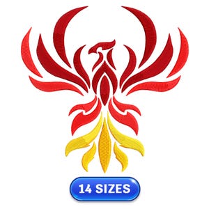 May include: Embroidered phoenix design in red and yellow thread. The phoenix is depicted with outstretched wings and a stylized tail. The image includes the text "14 SIZES" in a blue oval.