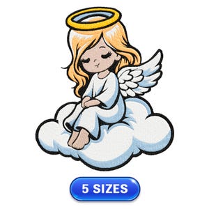May include: A cartoon angel with blonde hair and a halo sits on a white cloud with wings. The angel is wearing a white dress and has a light blue halo.