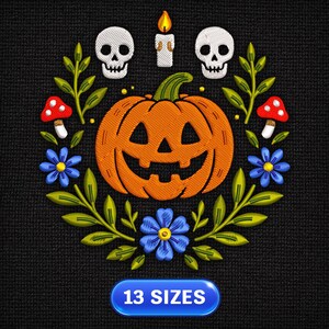 May include: Embroidered Halloween design with an orange pumpkin, two white skulls, a lit candle, red and white mushrooms, and blue flowers, surrounded by green leaves. The text "13 SIZES" is on a blue oval. The design is on a black background.