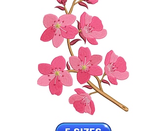 May include: Pink cherry blossom embroidery design with five different sizes available. The design features a branch with delicate pink flowers and green leaves.