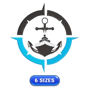 May include: A black and blue compass with an anchor and a ship in the center. The text "6 SIZES" is on a blue button below the compass.
