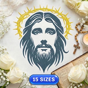 May include: An embroidered image of Jesus with a yellow crown of thorns. The image is in shades of blue and is surrounded by white flowers, a rosary, and an open book. A blue button with the text "15 SIZES" is at the bottom.