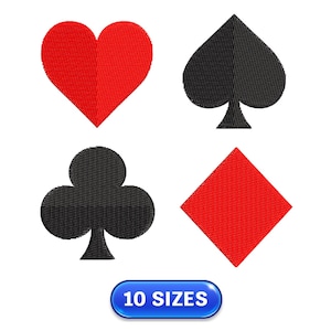 May include: Four playing card suit symbols: a red heart, a black spade, a black club, and a red diamond. The text "10 SIZES" is in a blue rounded rectangle at the bottom. The suits are embroidered on a white background.