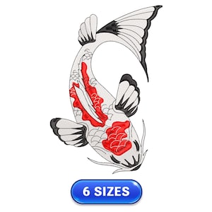 May include: Embroidered koi fish design in white, black, and red. The fish has detailed scales and fins, with red markings on its body. The image includes a blue button with the text "6 SIZES".