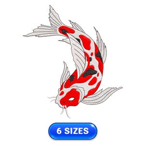 Könnte beinhalten: Stickerei-Design mit rotem und weißem Koi-Fisch in 6 Größen. Der Koi-Fisch schwimmt mit ausgebreiteter Schwanzflosse nach oben.