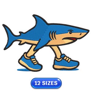 May include: Embroidered design of a shark with blue and tan coloring, wearing blue sneakers. The shark is walking with a determined expression. The image includes the text "12 SIZES" in a blue oval.