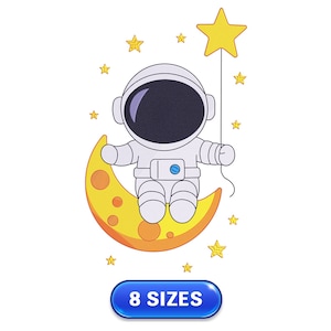 May include: A cartoon astronaut in a white spacesuit sits on a yellow crescent moon, holding a star on a string. Several smaller yellow stars surround the astronaut. The image includes a blue button with the text "8 SIZES".