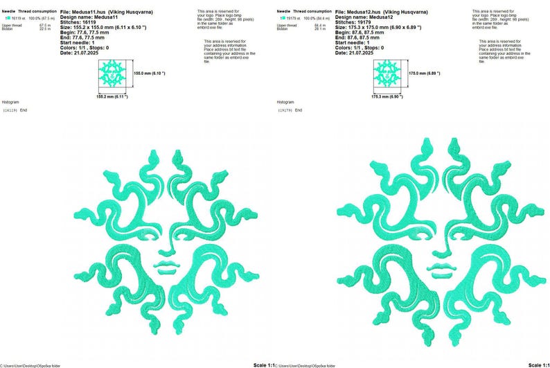 Pu&ograve; includere: Due disegni di ricamo turchese del volto di Medusa, circondato da serpenti. I disegni sono simmetrici, con il volto al centro e i serpenti che formano un motivo circolare. I disegni sono etichettati "Medusa11" e "Medusa12".
