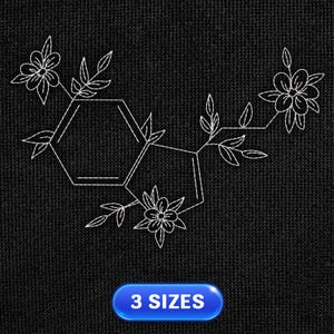 May include: White outline of a chemical structure with flowers and leaves. The text "3 SIZES" is on a blue button.