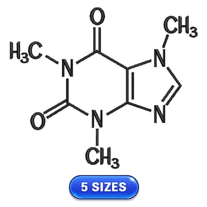 以下が含まれることがあります： カフェイン分子の白黒の線画。分子は、窒素原子2つと酸素原子1つを持つ六角形のリングです。分子は化学式C8H10N4O2でラベル付けされています。