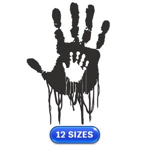 May include: Black handprint graphic with a smaller white handprint inside, with dripping paint effect. The image includes the text "12 SIZES" in a blue oval button.