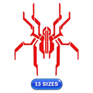 May include: A red, stylized spider emblem with a geometric design, set against a white background. A blue oval button at the bottom reads "13 SIZES". The spider design features sharp angles and lines.