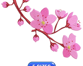 May include: Embroidered branch with pink cherry blossoms and buds, featuring yellow centers and red stems. A blue button with the text "5 SIZES" is at the bottom. This design is suitable for embroidery projects.