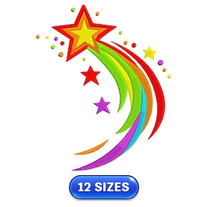 May include: A colorful embroidered design featuring a large red and yellow star with a rainbow-colored trail. Additional stars and dots in various colors are scattered around the main design. The text "12 SIZES" is displayed on a blue button.