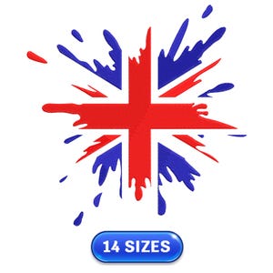 May include: A stylised Union Jack flag design in red, white, and blue, with a splash effect radiating outwards. The design is set against a white background. A blue button at the bottom reads "14 SIZES".