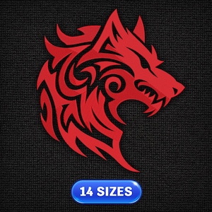 May include: A red tribal wolf head design on a black background. The wolf's head is stylized with sharp angles and curved lines. A blue button at the bottom reads "14 SIZES".