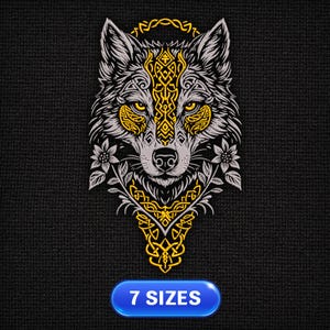 May include: Embroidered wolf head design in gray, yellow, and white on a black background. The wolf features intricate patterns and floral accents. The text "7 SIZES" is displayed on a blue oval at the bottom.