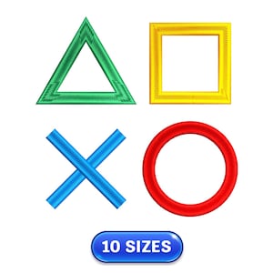 Puede incluir: Un conjunto de cuatro formas bordadas: un triángulo verde, un cuadrado amarillo, una X azul y un círculo rojo. Un botón azul debajo dice "10 TALLAS". Las formas son probablemente para un mando de videojuegos.