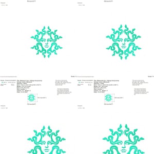 Pu&ograve; includere: Un disegno di ricamo Medusa turchese. Il disegno presenta un volto con serpenti al posto dei capelli, circondato da un motivo circolare. Il disegno &egrave; largo circa 125,2 mm e alto 125,2 mm.