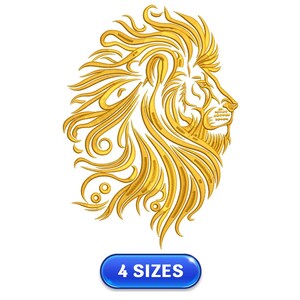 Può includere: Illustrazione dettagliata di una testa di leone dorata di profilo, con una criniera fluente e stilizzata. Il testo "4 SIZES" è visualizzato in un ovale blu in basso. Il design è su sfondo bianco.