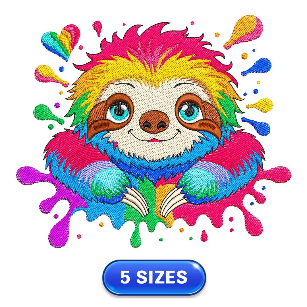 Colorful Sloth | Splash | Heart | Cute Animal | Cartoon | Embroidery ...