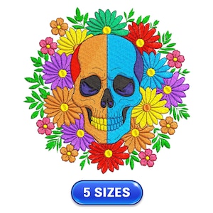 May include: A colorful embroidered skull design, split vertically with orange and blue halves, surrounded by vibrant flowers in red, yellow, purple, and green. A blue button at the bottom reads "5 SIZES".