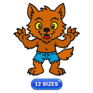 May include: A cartoon-style werewolf with brown fur, yellow eyes, and a red tongue. It wears blue shorts and has its arms raised. A blue button at the bottom reads "12 SIZES".