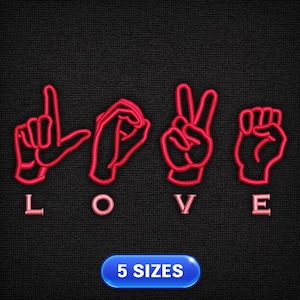 Könnte beinhalten: Rote Stickerei des Wortes "LOVE" in amerikanischer Gebärdensprache. Die Buchstaben sind in Rosa. Das Design ist auf schwarzem Hintergrund. 5 GRÖSSEN.
