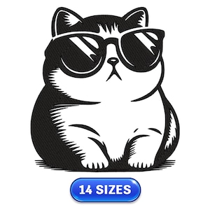 Diseño de bordado de gato con gafas de sol, archivo de bordado a máquina de gatito divertido, patrón de parche de animal moderno, descarga instantánea