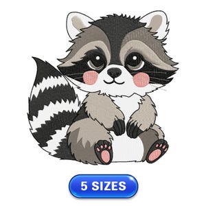 May include: Cute cartoon raccoon with a black and white striped tail, sitting with its paws in front of it. The raccoon has a gray and white face with black eyes and pink cheeks.