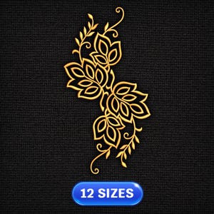 Peut inclure: Un motif floral doré avec des feuilles et des vrilles tourbillonnantes est présenté sur un fond noir texturé. Le motif est symétrique et présente des contours détaillés. Un bouton bleu en bas indique "12 TAILLES".