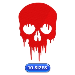 May include: A red skull graphic with a dripping effect on a white background. The skull has large eye sockets and a textured appearance. A blue button at the bottom reads "10 SIZES".