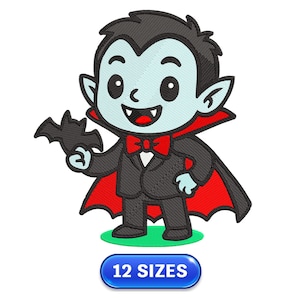 May include: A cartoon vampire with pale blue skin, black hair, and a red bow tie and cape. The vampire is holding a black bat. The image includes the text "12 SIZES" in a blue oval.