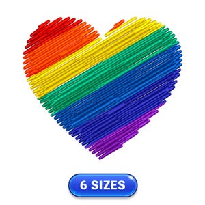May include: A rainbow heart made of colorful lines. The heart is made of red, orange, yellow, green, blue, and purple lines. The heart is on a white background. 6 SIZES