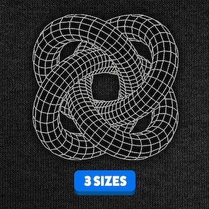 Może przedstawiać: Biały, trójwymiarowy wzór geometryczny węzła na czarnym tle. Wzór składa się z serii połączonych ze sobą kół i linii. Obraz zawiera tekst "3 SIZES".