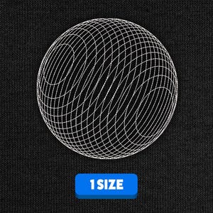 Può includere: Una sfera geometrica bianca con un motivo a griglia su uno sfondo nero. Il testo "1 TAGLIA" è su un pulsante blu sotto la sfera.