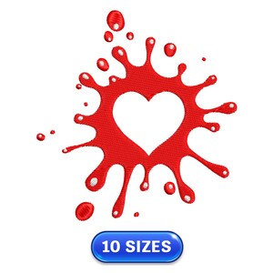 May include: A red embroidered heart-shaped design with a splash effect, surrounded by smaller red droplets with white accents. A blue button with the text "10 SIZES" is at the bottom. The design is on a white background.