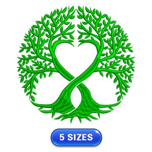 May include: Green embroidery design of two trees intertwined to form a heart shape. The design is available in five sizes.
