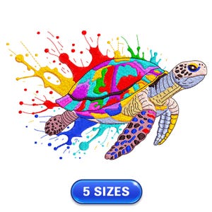 May include: Colorful embroidered design of a sea turtle with a splash of paint behind it. The turtle is a variety of colors, including red, yellow, blue, green, and purple. The paint splatter is in the same colors. The design is perfect for embroidery projects.