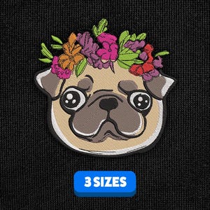 Pug | Cute | Dog | French Bulldog | Wreath | Flowers | Embroidery design | Machine embroidery scheme | Embroidery file | Instant download