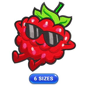 May include: A red raspberry cartoon character wearing sunglasses with a green stem and leaves. The raspberry has a happy expression and is wearing sunglasses.