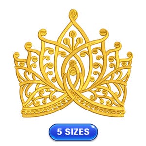 以下が含まれることがあります： 複雑なディテールが施された金の刺繍デザインのクラウン。クラウンは、繊細でエレガントなデザインを生み出す、一連の曲線と円から構成されています。