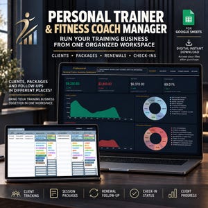 May include: A digital Personal Trainer and Fitness Coach Manager template for Google Sheets displayed on a laptop and tablet. The screen shows a business dashboard with revenue charts, profit margins, and client tracking data in a dark interface.