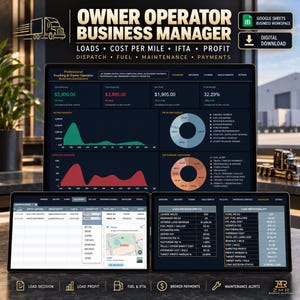 May include: A digital dashboard titled Owner Operator Business Manager displayed on three screens, featuring financial charts, load decision inputs, and profitability metrics for trucking operations with text labels for loads, cost per mile, IFTA, and profit.